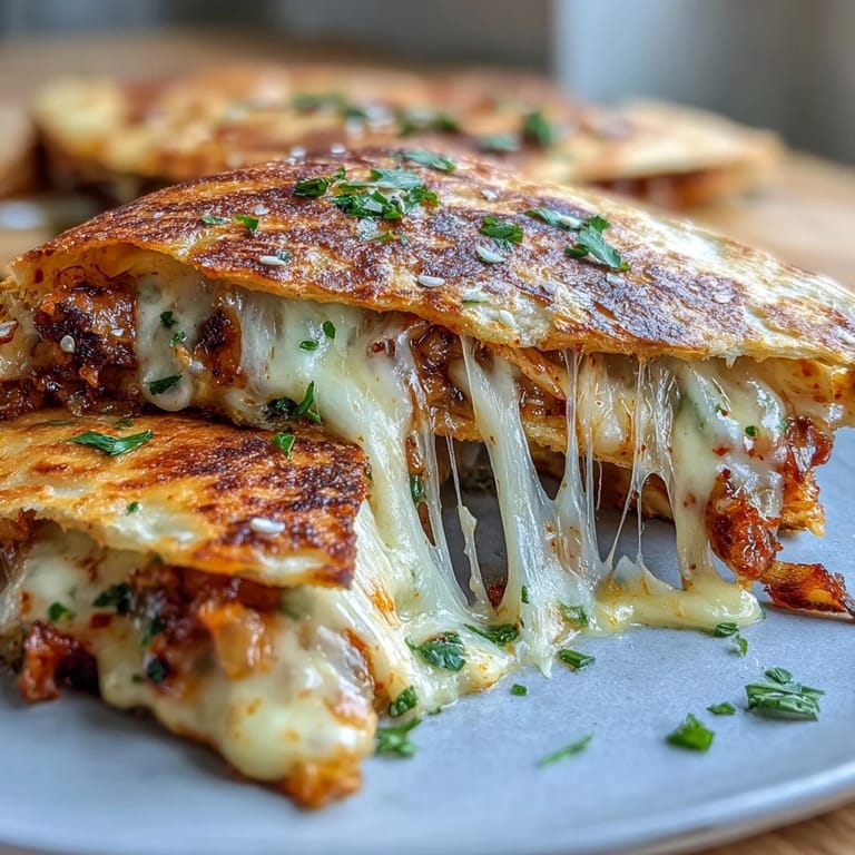 Tangy kimchi and gooey mozzarella cheese stuffed inside toasted tortillas, blending Korean and Mexican flavors in every bite.  