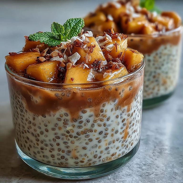Tropical chia pudding layered with coconut milk and juicy mango, served in a clear glass with vibrant orange fruit on top.
