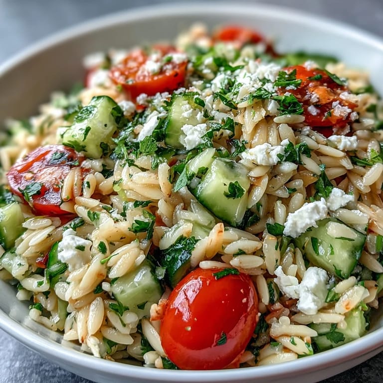 Refreshing Orzo Salad with Cucumber and Feta, tossed in zesty lemon dressing.