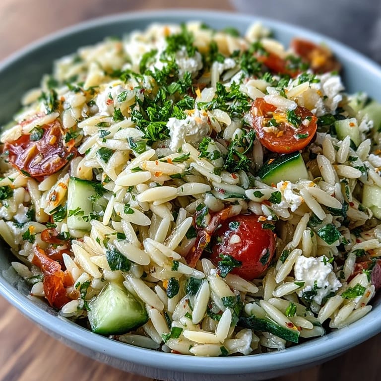 Bright Orzo Salad with Feta and Cucumber, showing fresh herbs and vegetables.