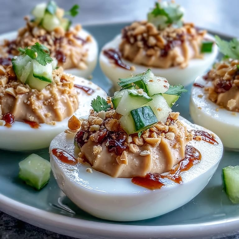 Spicy, creamy Thai Peanut Deviled Eggs ready to be enjoyed, served chilled.