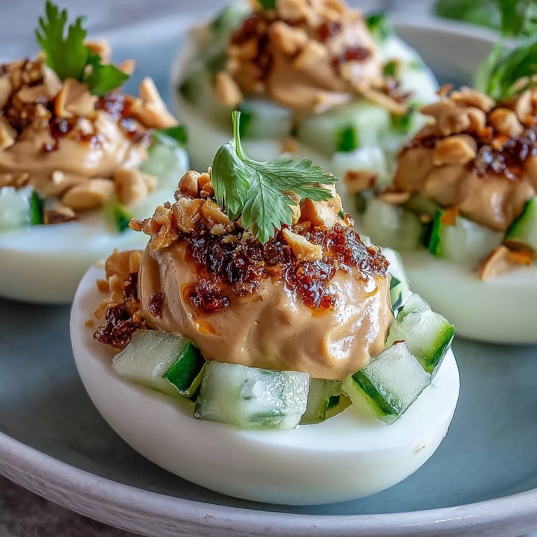 Vibrant Thai Peanut Deviled Eggs artfully topped with fresh cucumber relish.