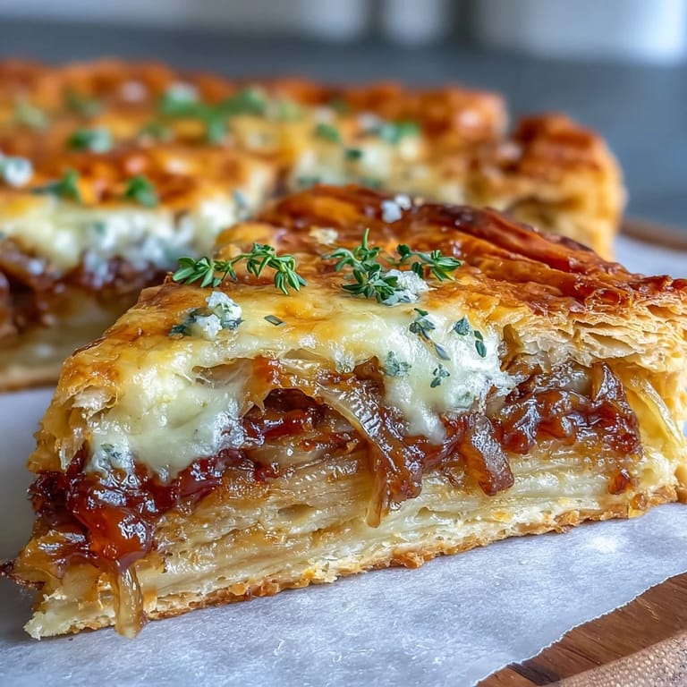 Crispy puff pastry tart topped with savory caramelized onions, melted Gruyère cheese, and fragrant thyme leaves.