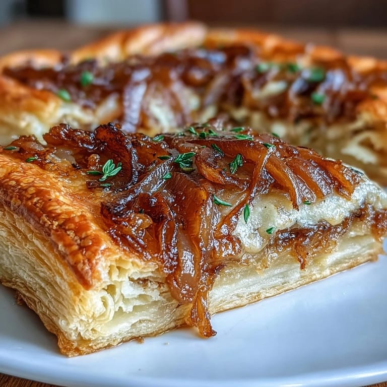 Savory French onion tart featuring golden onions, nutty Gruyère, and fresh thyme baked on buttery puff pastry.