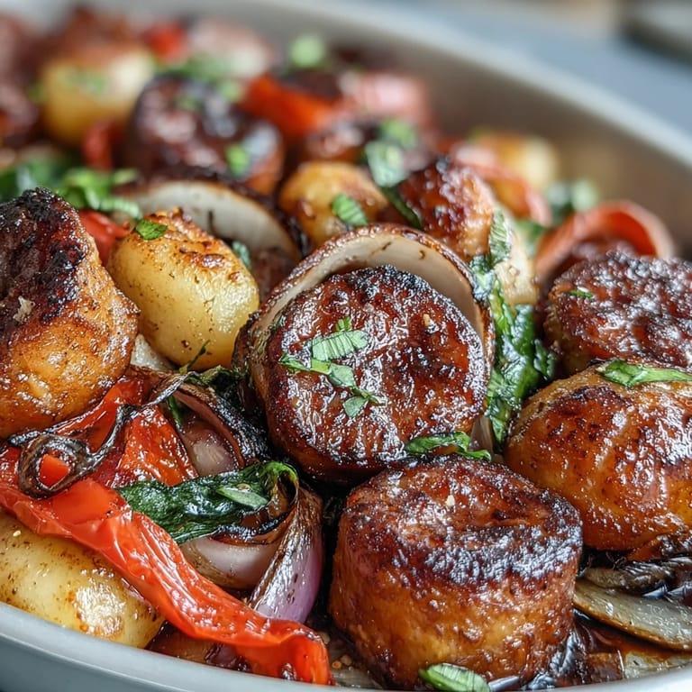 Vibrant sheet pan gnocchi and sausage bake with colorful peppers, Italian herbs, and melted Parmesan cheese.