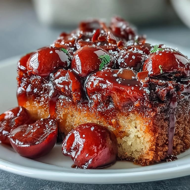 Golden-brown Cherry Almond Upside-Down Cake showcases juicy fruit.