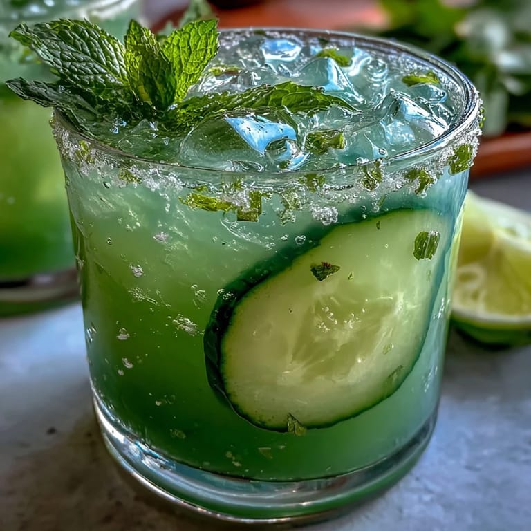 Vibrant glass of icy Green Detox Cucumber Mint Agua Fresca with mint.