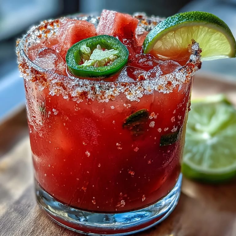 Cooling, alcohol-free margarita mocktail bursting with watermelon and a hint of spice.