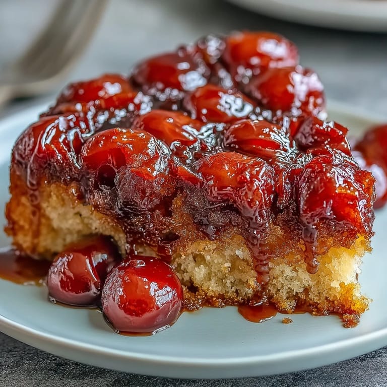 Moist Cherry Almond Upside-Down Cake ready to be sliced and served.