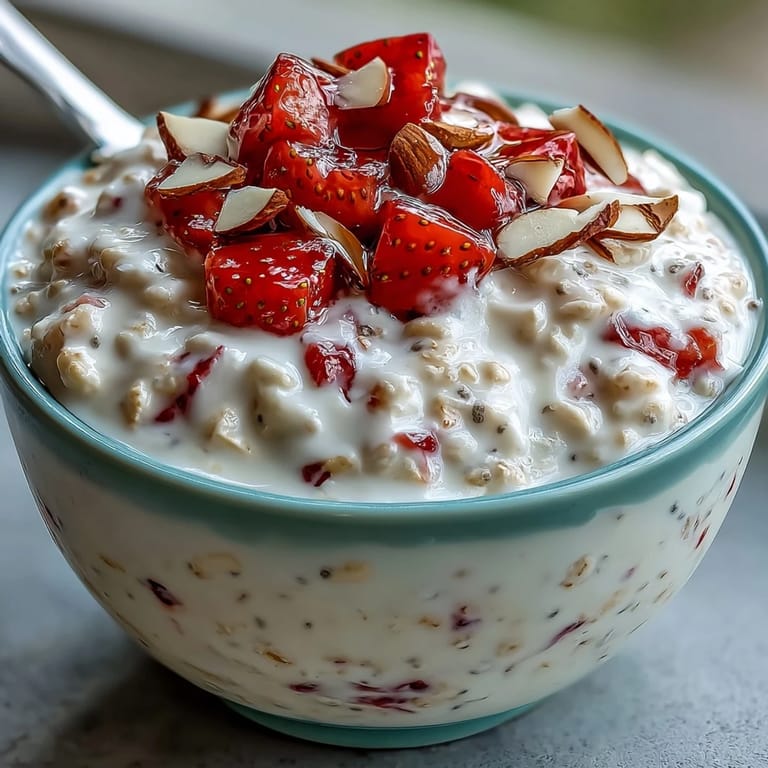 A jar of strawberry vanilla overnight oats topped with sliced almonds and extra berries for a colorful, nutritious morning meal.
