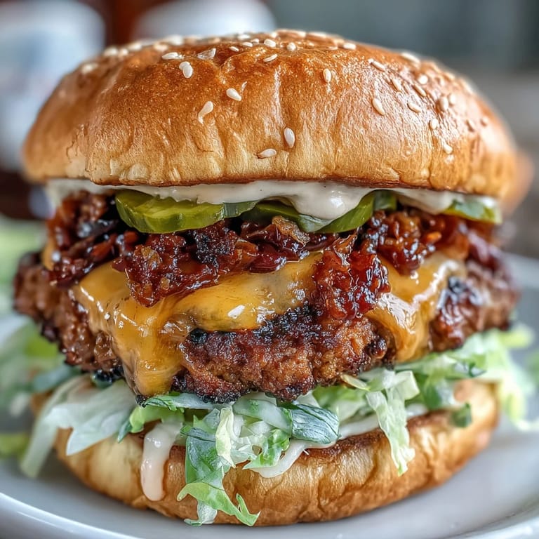 Crispy-edged beef patties topped with gooey American cheese and creamy homemade secret sauce, layered with lettuce, onion, and pickles on a buttered bun.