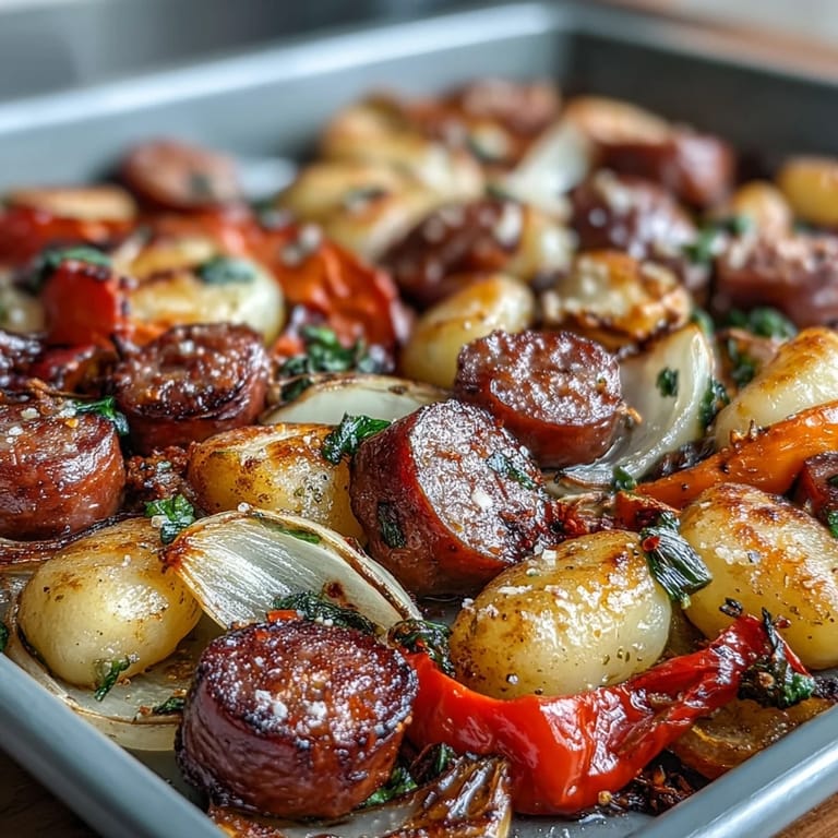 One-pan dinner of crispy gnocchi, juicy sausage, and sweet roasted peppers, garnished with fresh basil.  