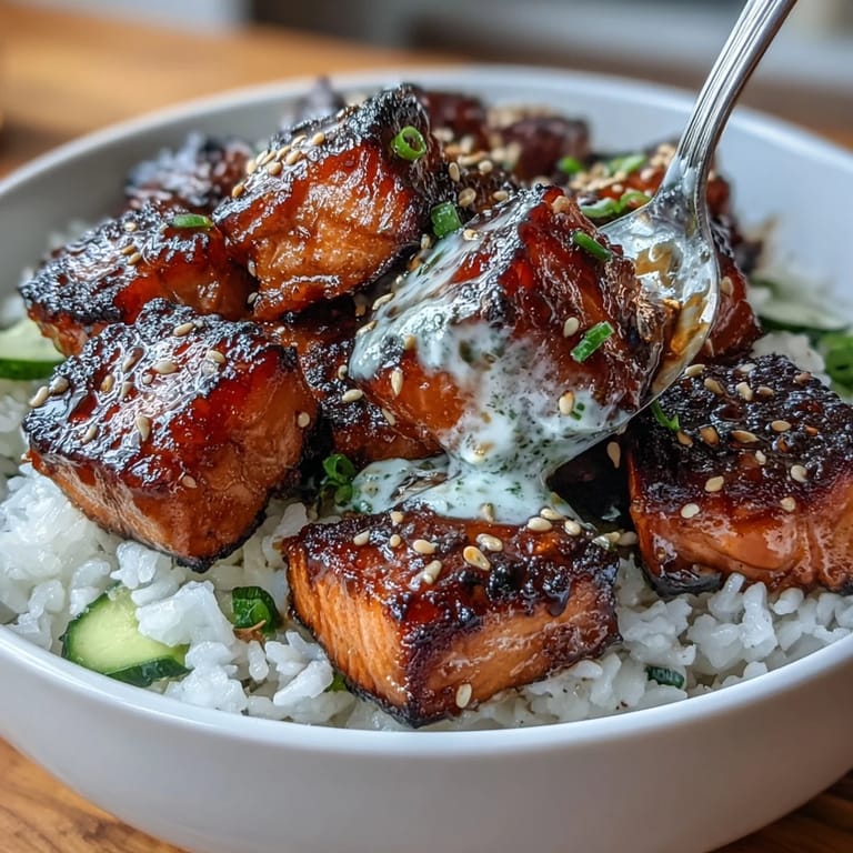 Creamy spicy mayo salmon rice bowl with warm rice, tender salmon, crunchy cucumber, and nori strips for extra flavor.