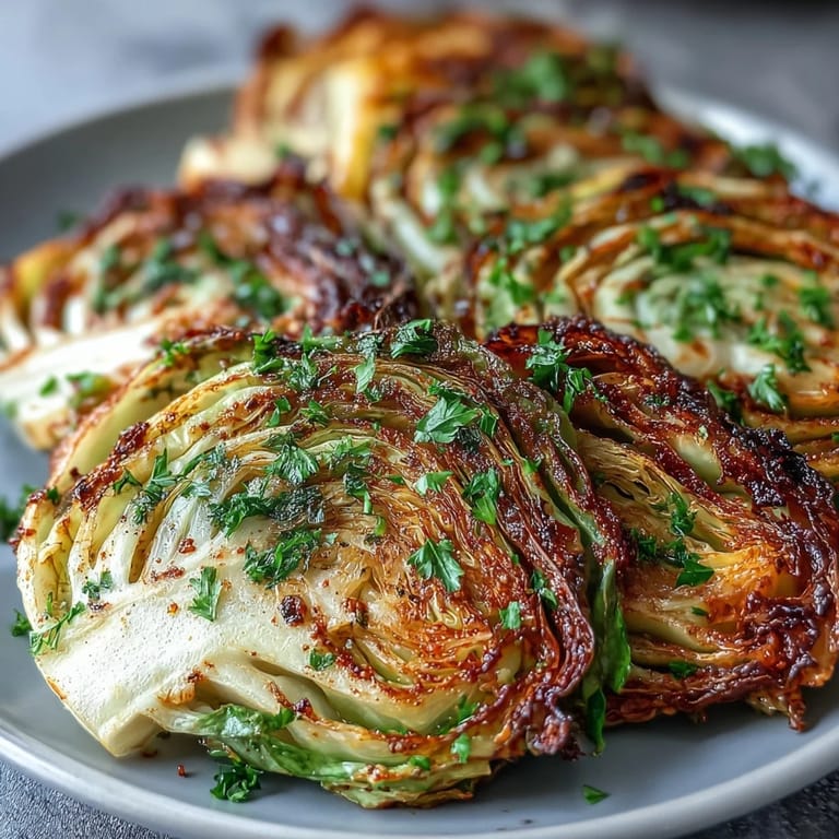 Oven-roasted cabbage steaks infused with garlic, smoked paprika, and olive oil, finished with lemon zest for a simple yet flavorful vegan dish.