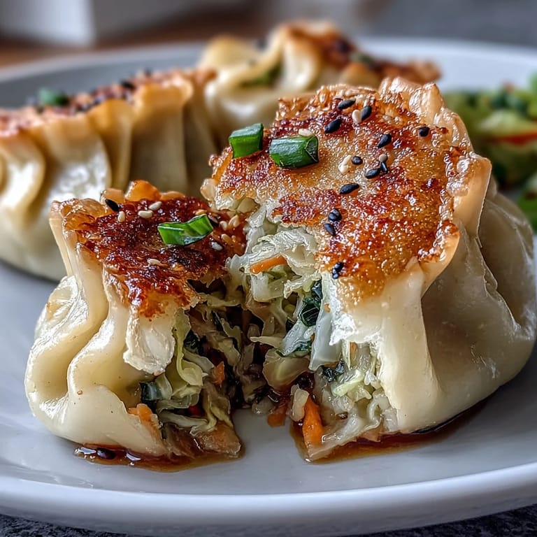 Pan-fried vegetarian dumplings filled with seasoned cabbage and carrots, served hot with fragrant ginger dipping sauce.  