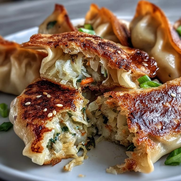 Crispy pan-fried dumplings stuffed with savory cabbage filling, accompanied by a tangy ginger soy dipping sauce.
