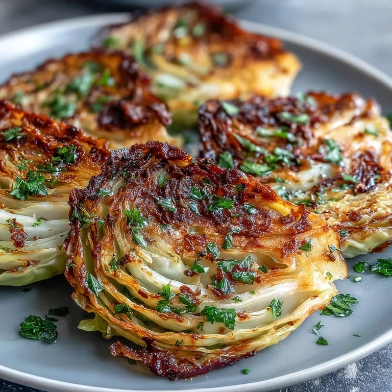 Thick slices of cabbage roasted until caramelized and tender, drizzled with lemon juice and sprinkled with fresh parsley for a vibrant, healthy side.  