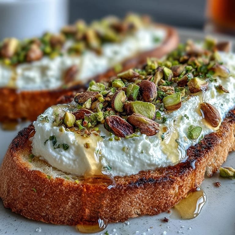 Elegant whipped ricotta toast drizzled with sweet honey and nutty pistachios.