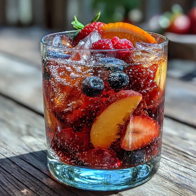 Vibrantly fruited Summer Sangria Mocktail, bursting with juicy, seasonal goodness.