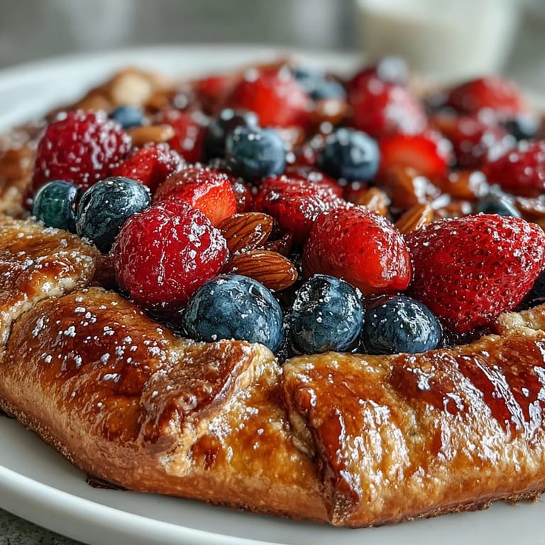 Deliciously flaky almond crust filled with vibrant mixed summer berries, baked golden brown.