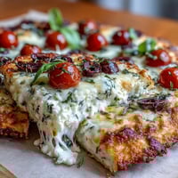 Golden low carb cottage cheese flatbread pizza topped with melted mozzarella, olives, and cherry tomatoes, ready to slice.