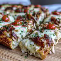 Golden Kentucky Derby Hot Brown Flatbread Pizza with roasted turkey, crispy bacon, and creamy Mornay sauce, perfect for Derby Day celebrations.