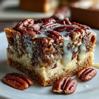 Kentucky Derby Pecan Pie Bars with Bourbon Glaze on a rustic wooden tray, golden pecan filling glistening under a drizzle of bourbon glaze.