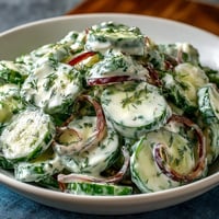 Creamy Cucumber Dill Salad with crisp cucumbers in a tangy sour cream dill dressing, perfect for summer barbecues and picnics.