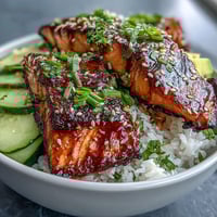 Vibrant teriyaki salmon bowl with glazed salmon, avocado, and crisp vegetables over fluffy jasmine rice.