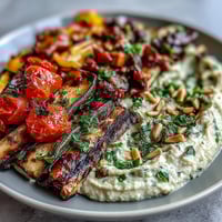 Grilled Veggie Platter with Hummus featuring colorful, charred vegetables arranged around a bowl of creamy, homemade hummus.