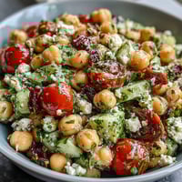 Cold chickpea salad with lemon herbs, packed with juicy tomatoes, crisp cucumbers, and fresh mint, perfect for summer picnics.