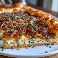 Golden French onion tart with caramelized onions and Gruyère cheese on flaky puff pastry, garnished with fresh thyme.