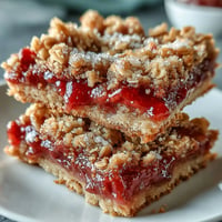 Close-up of warm strawberry rhubarb crumble bars, golden brown and bubbling.