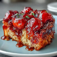 Cherry Almond Upside-Down Cake with glistening caramelized cherry topping.