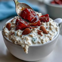 Creamy overnight oats with fresh strawberries and vanilla, perfect for a healthy no-cook breakfast straight from the fridge.