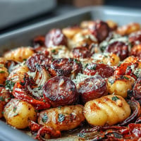 Golden sheet pan gnocchi with sausage and peppers, roasted to crispy perfection and topped with Parmesan.  