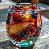 Colorful Summer Sangria Mocktail with fresh peach slices and berries.