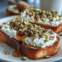 Whipped ricotta toast with honey, a delicious, creamy breakfast topped with pistachios.