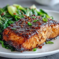 Miso glazed salmon with glossy honey-sesame coating, served with vibrant green bok choy.